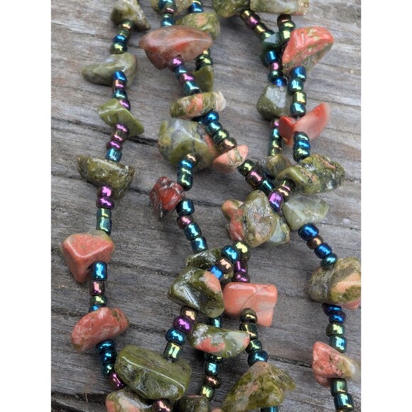 Southwestern Unakite Necklace, Vintage Pink and Green Stone Necklace - Picture 3 of 10